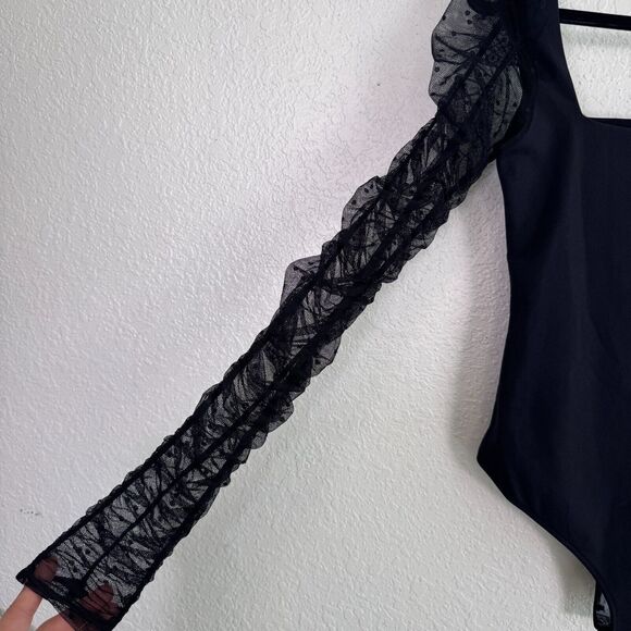 Free People Bodysuit Womens Small Sheer Polka Dot Ruched Sleeves Top Party NEW - Picture 4 of 8